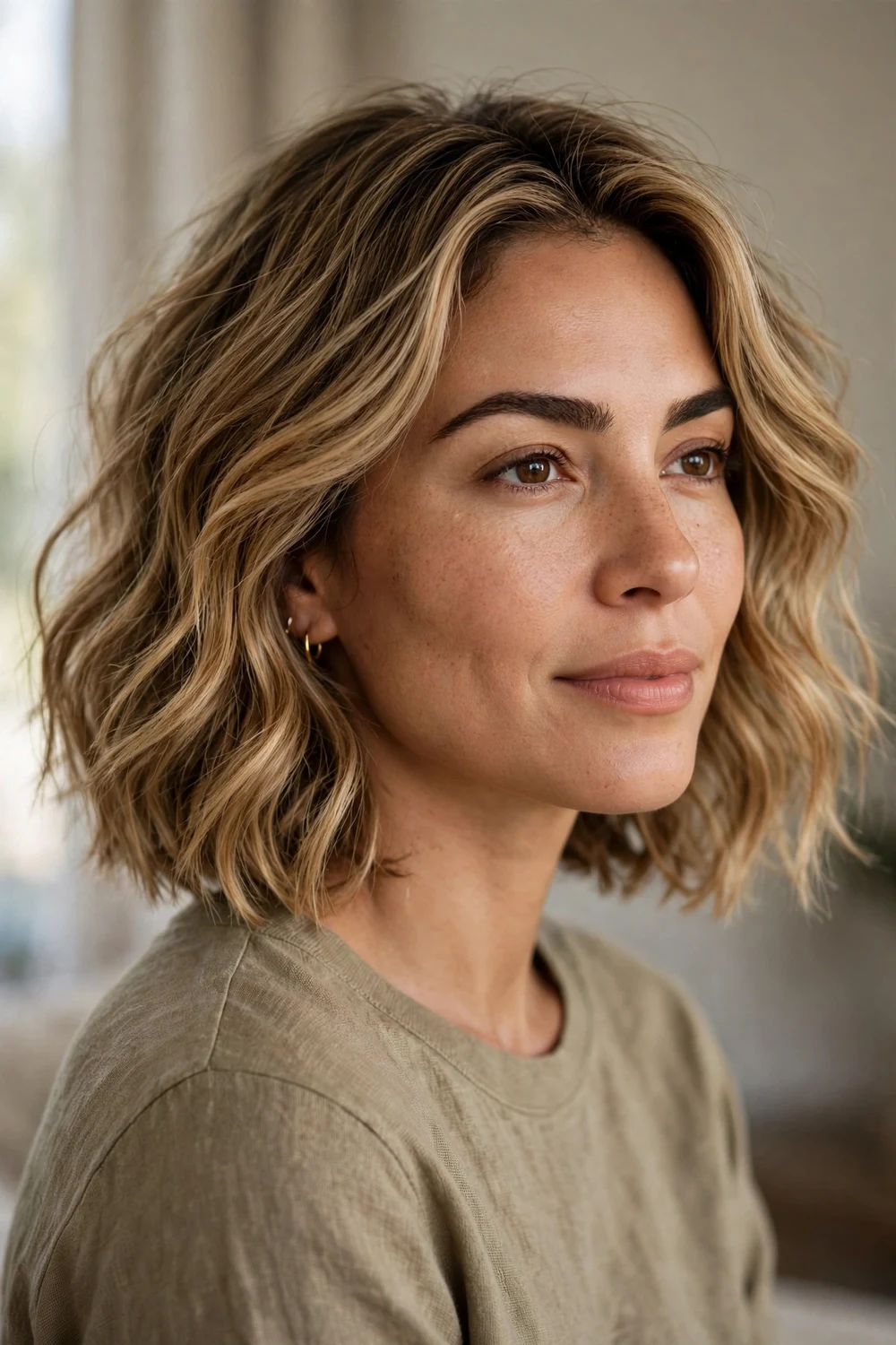 Wavy bob hairstyle with loose beachy waves at chin length