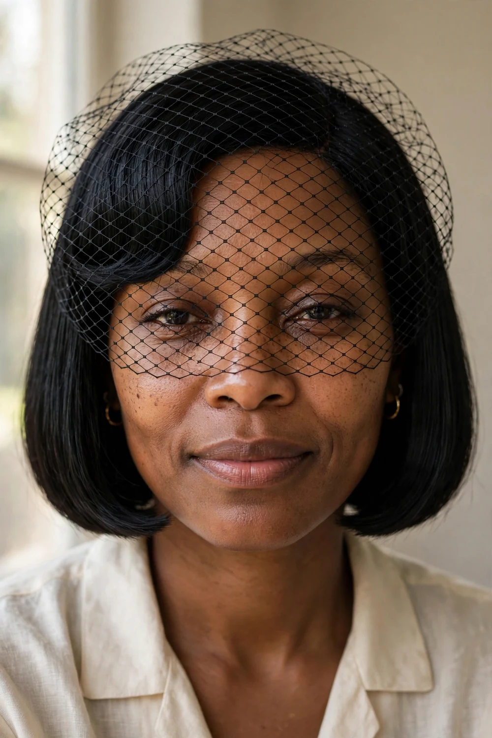 Blunt chin-length bob with a birdcage veil for a wedding