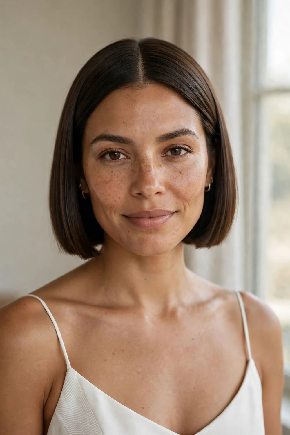Blunt chin-length bob with a center part for a wedding