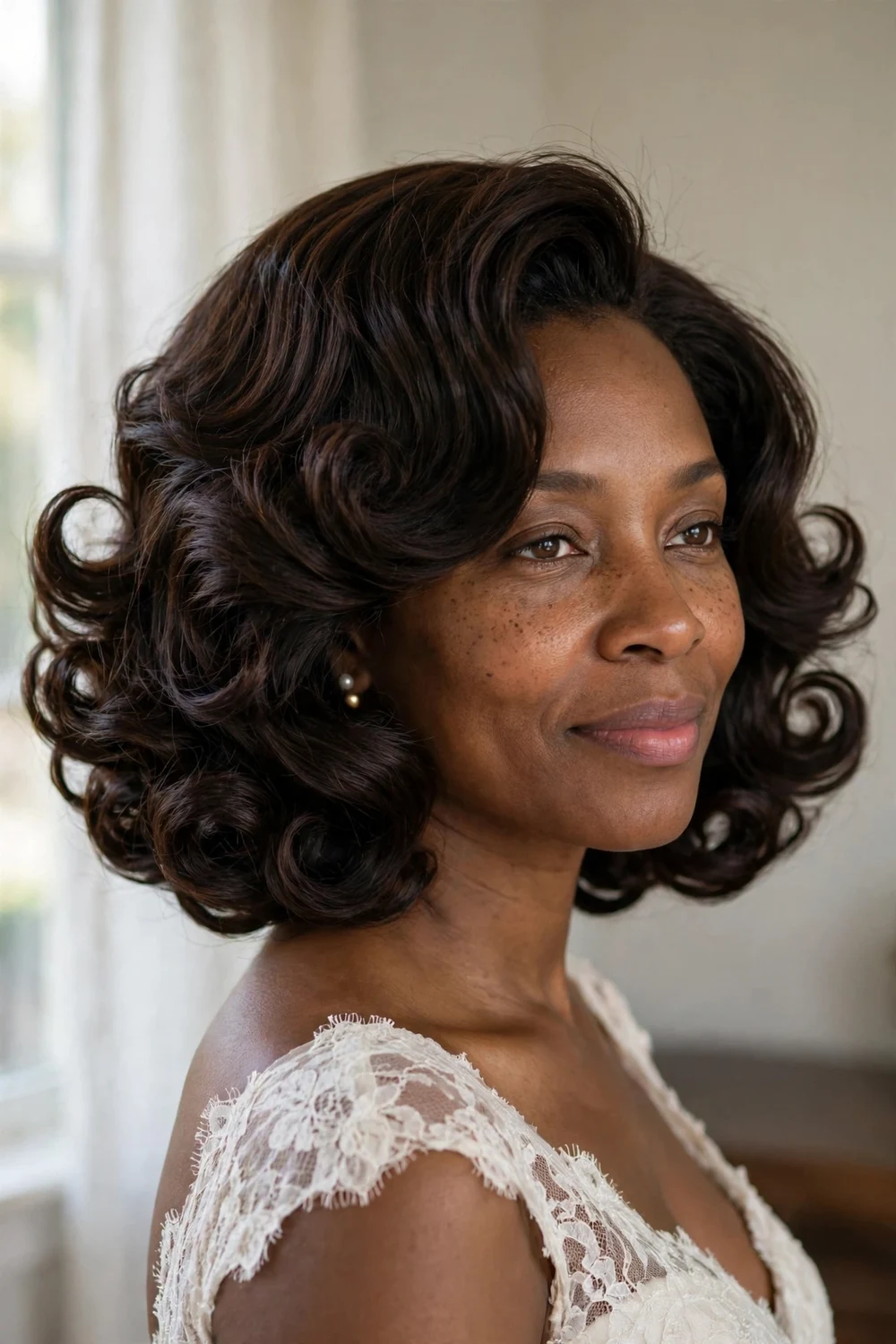 Chin-length bob with a bouncy blowout and curled ends for a wedding