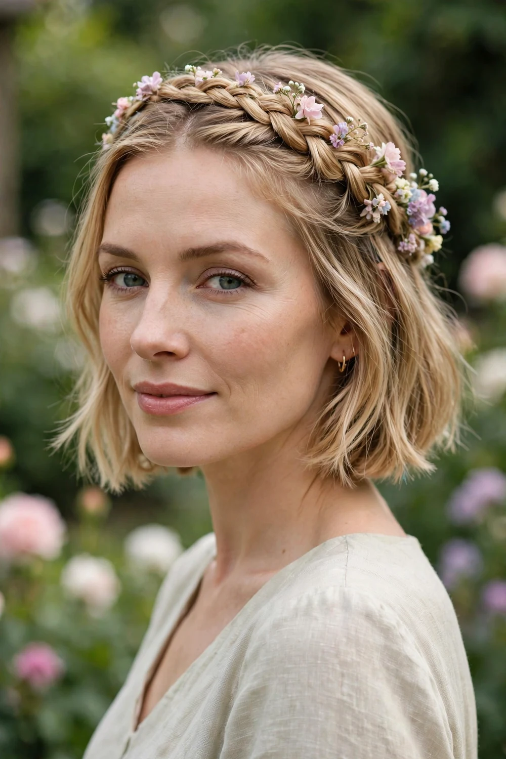 Chin-length bob with a braided crown and floral clips for a wedding