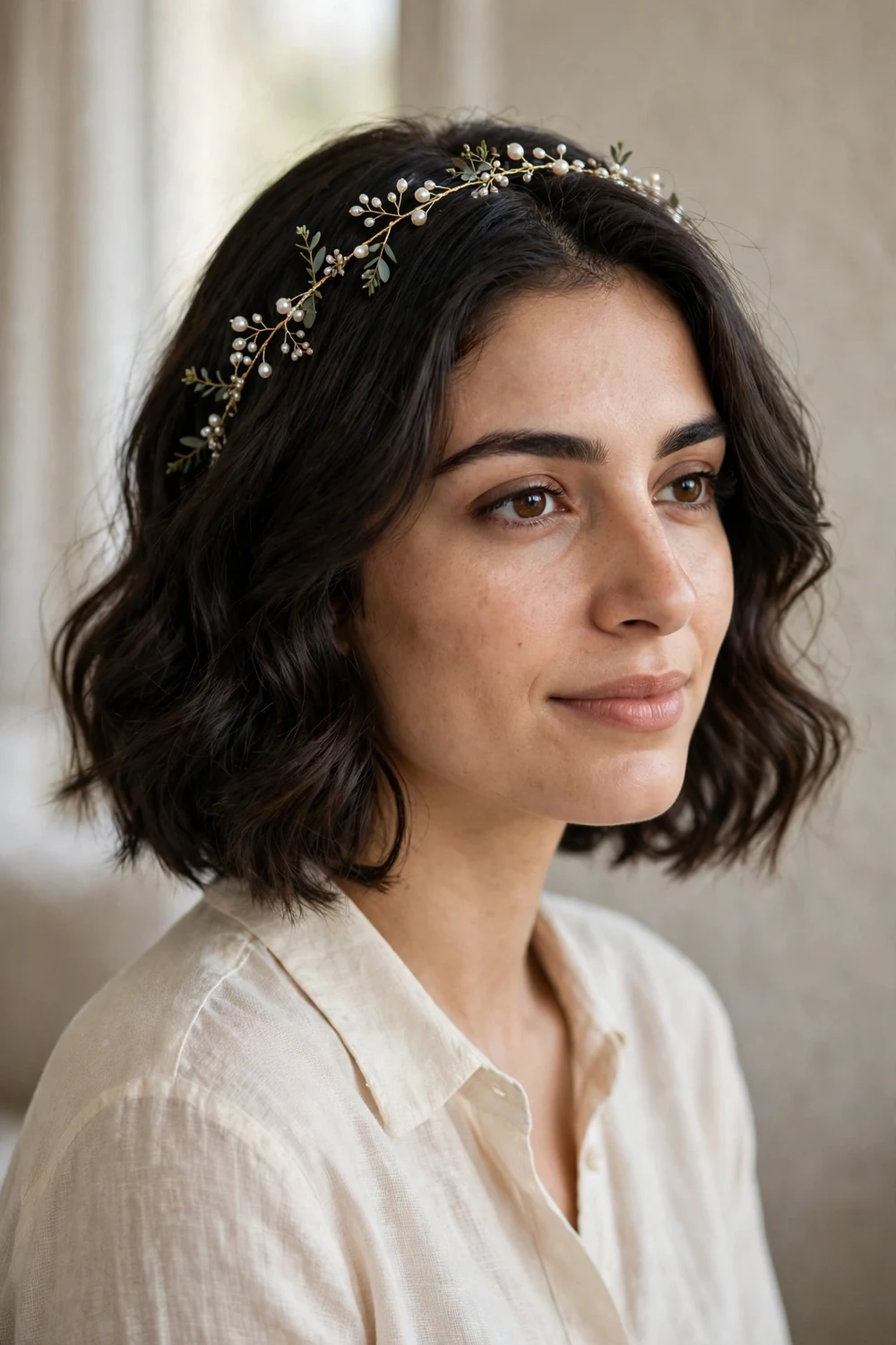 Wavy chin-length bob with a bridal hair vine for a wedding