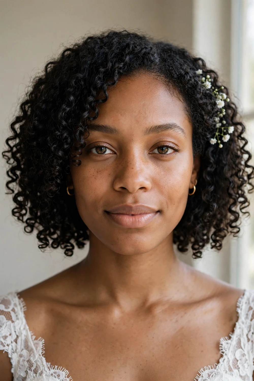 Natural curly chin-length bob worn as a wedding hairstyle