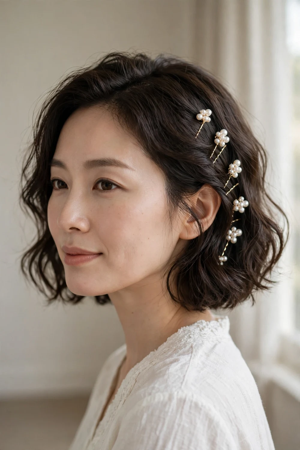 Wavy chin-length bob with pearl hairpins for a wedding