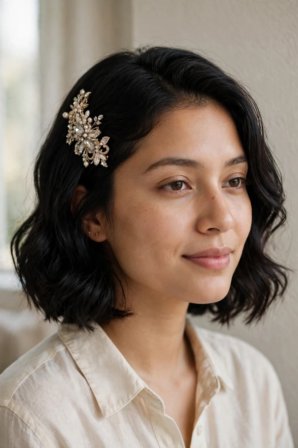 Wavy chin-length bob with bangs pinned back by a jeweled clip for a wedding