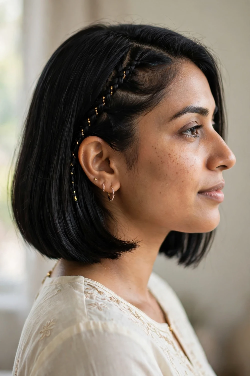 Chin-length bob with a thin side accent braid for a wedding