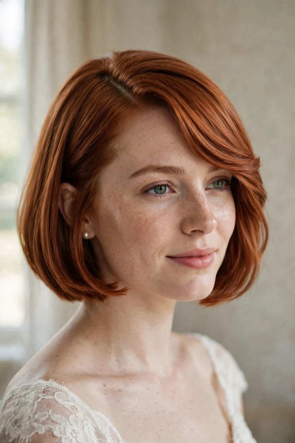 Deep side-parted chin-length bob swept across for a wedding