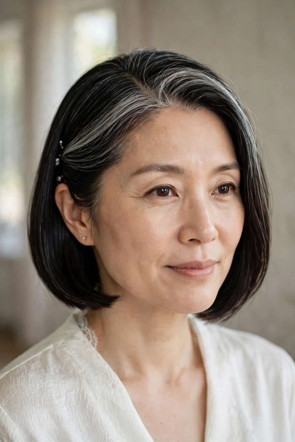 Sleek side-parted chin-length bob for a wedding