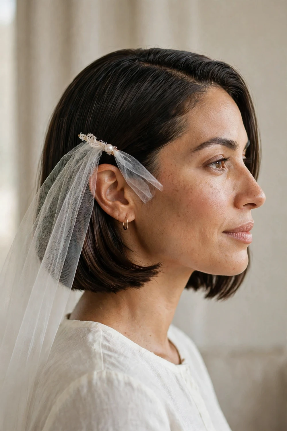 Sleek glossy chin-length bob with a side veil for a wedding