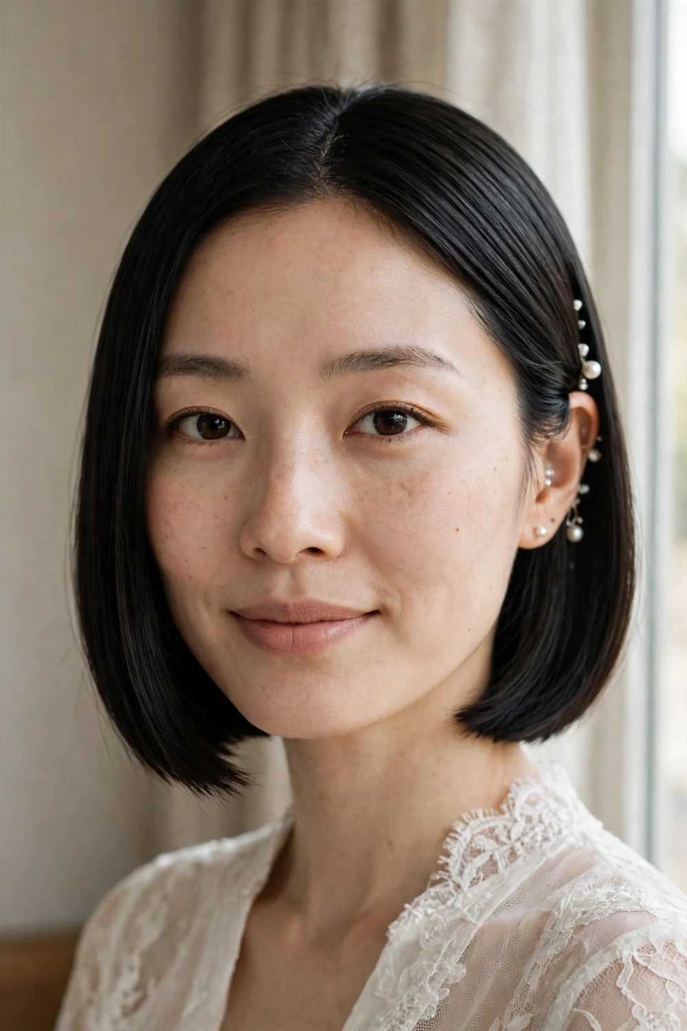 Sleek straight chin-length bob worn as a wedding hairstyle