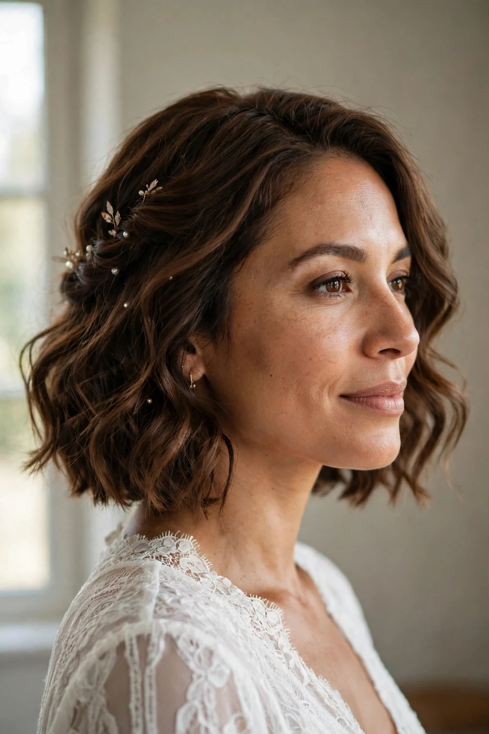 Chin-length bob styled in soft romantic waves for a wedding