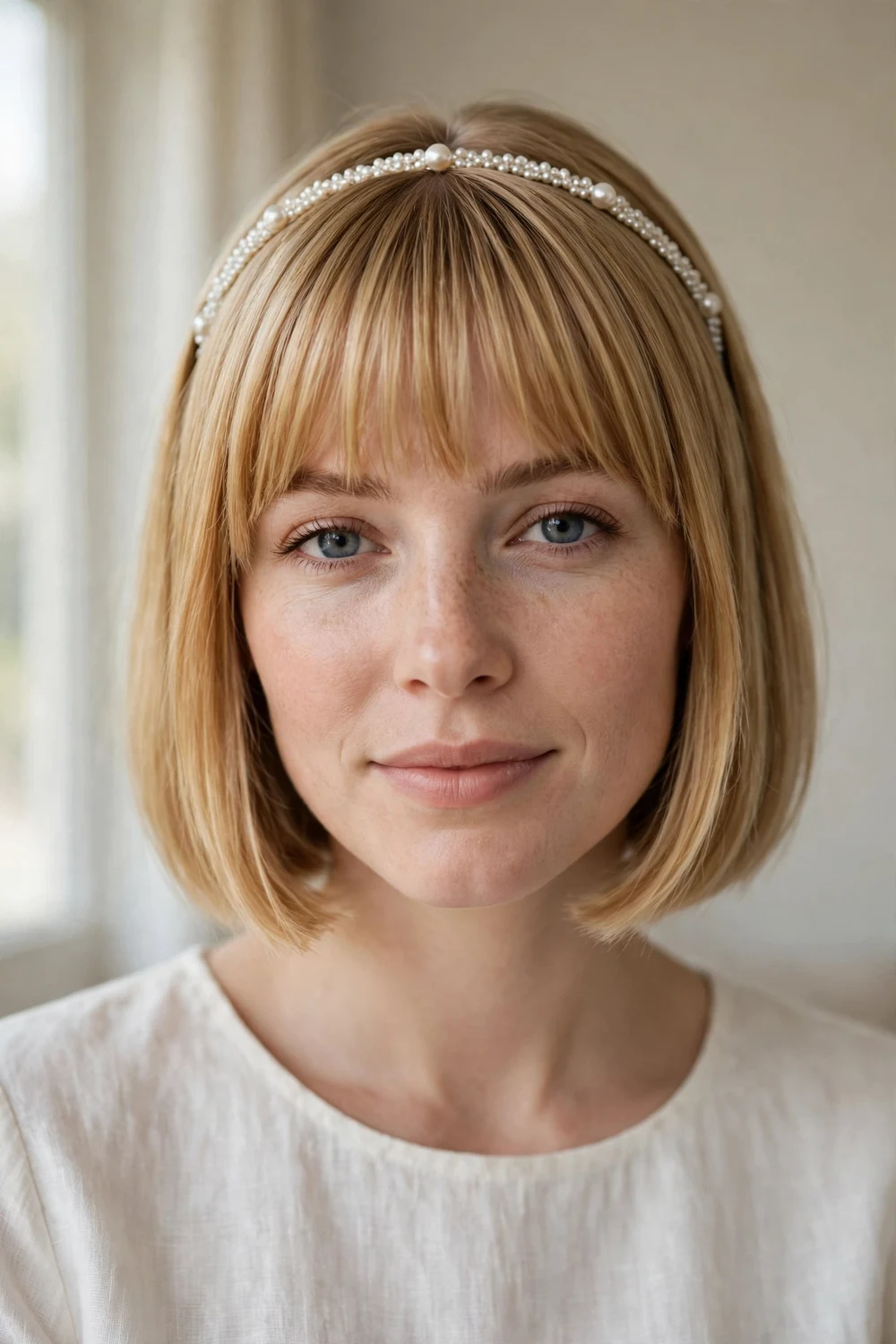 Straight chin-length bob with bangs and a pearl headband for a wedding