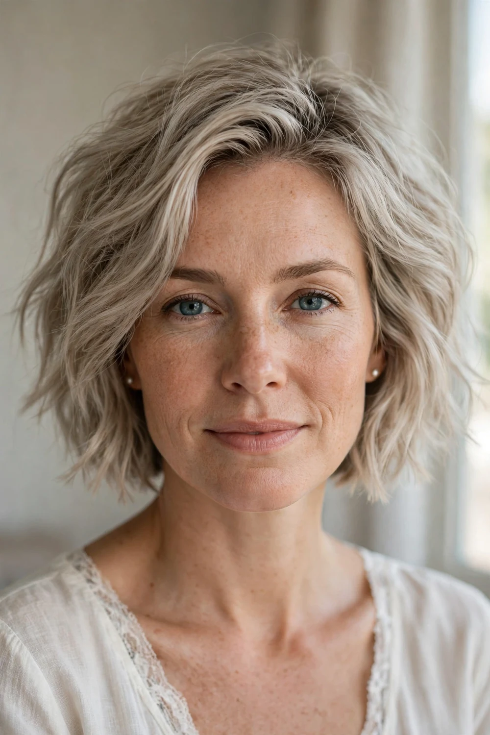 Textured tousled chin-length bob for a wedding
