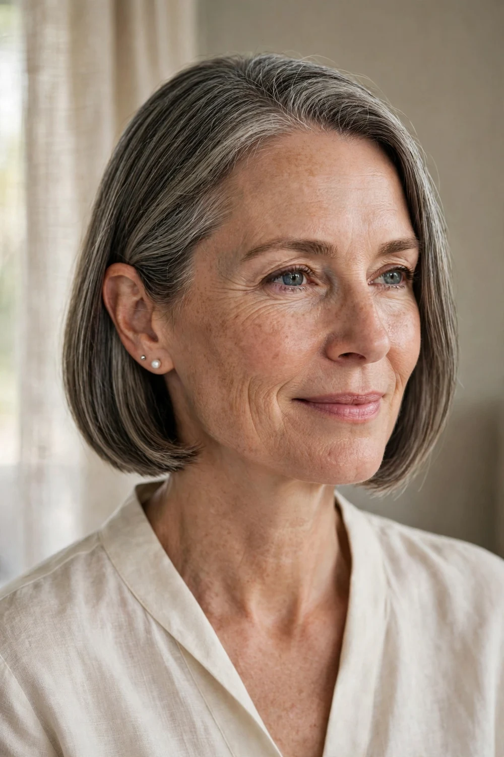 Sleek chin-length bob tucked behind the ears for a wedding