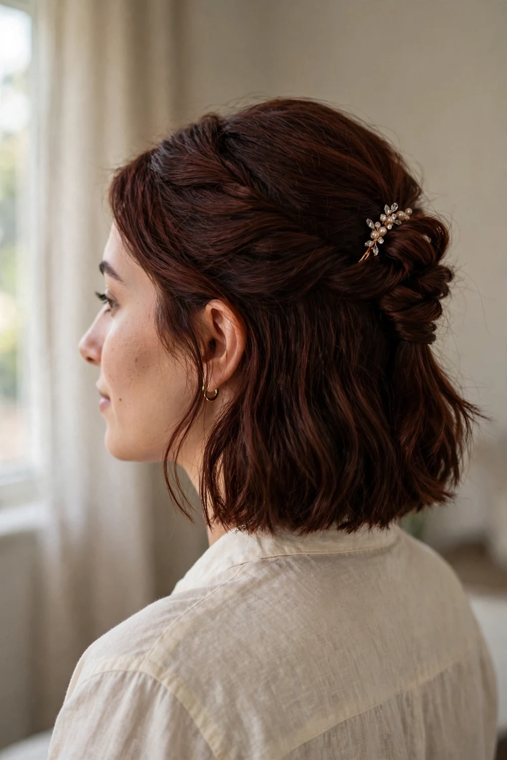 Chin-length bob in a twisted half-up half-down wedding hairstyle