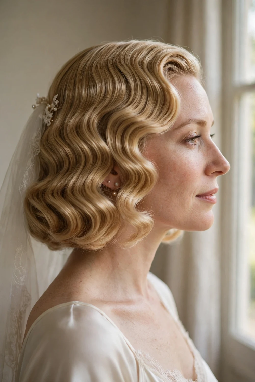 Chin-length bob styled in vintage Hollywood waves for a wedding