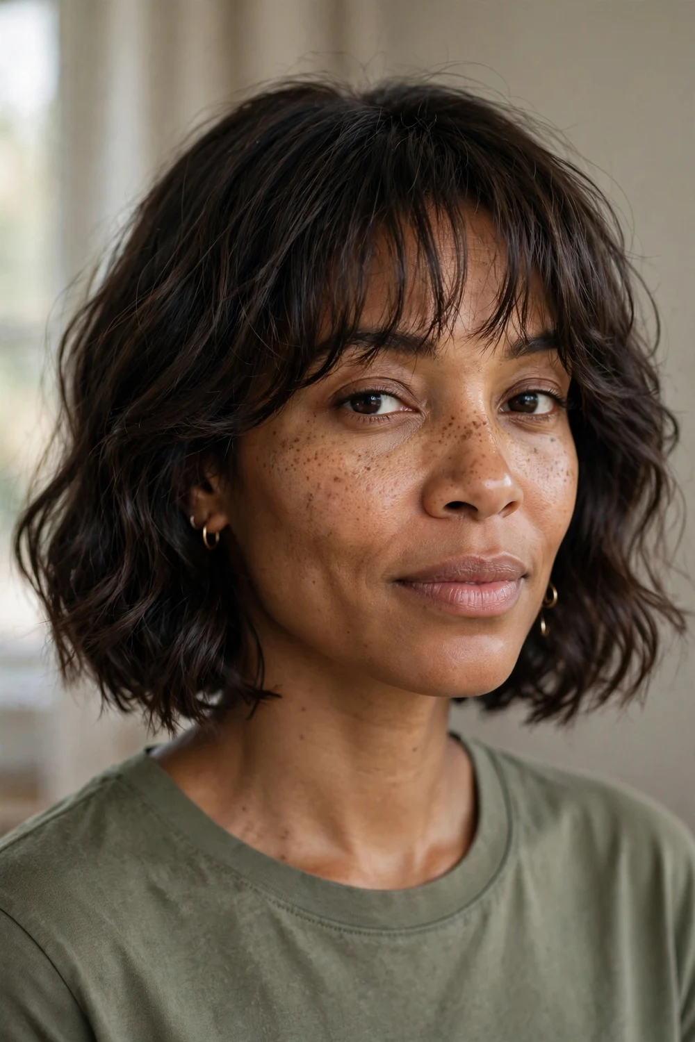 Black woman with chin-length wavy bob and wispy bangs