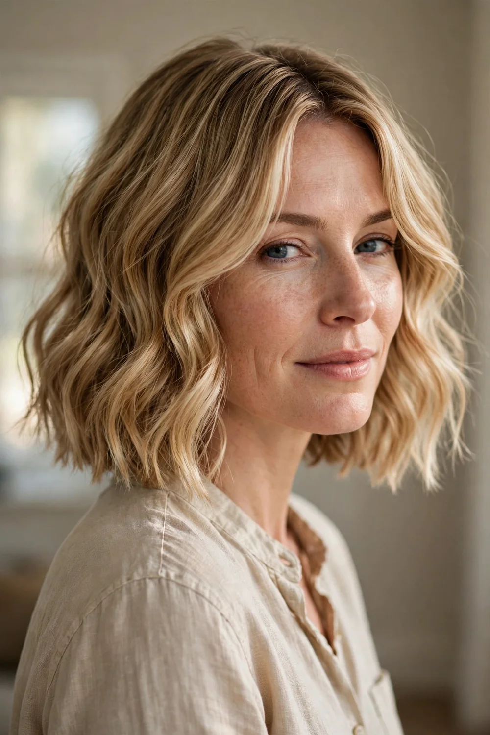 Wavy chin length bob with curtain bangs