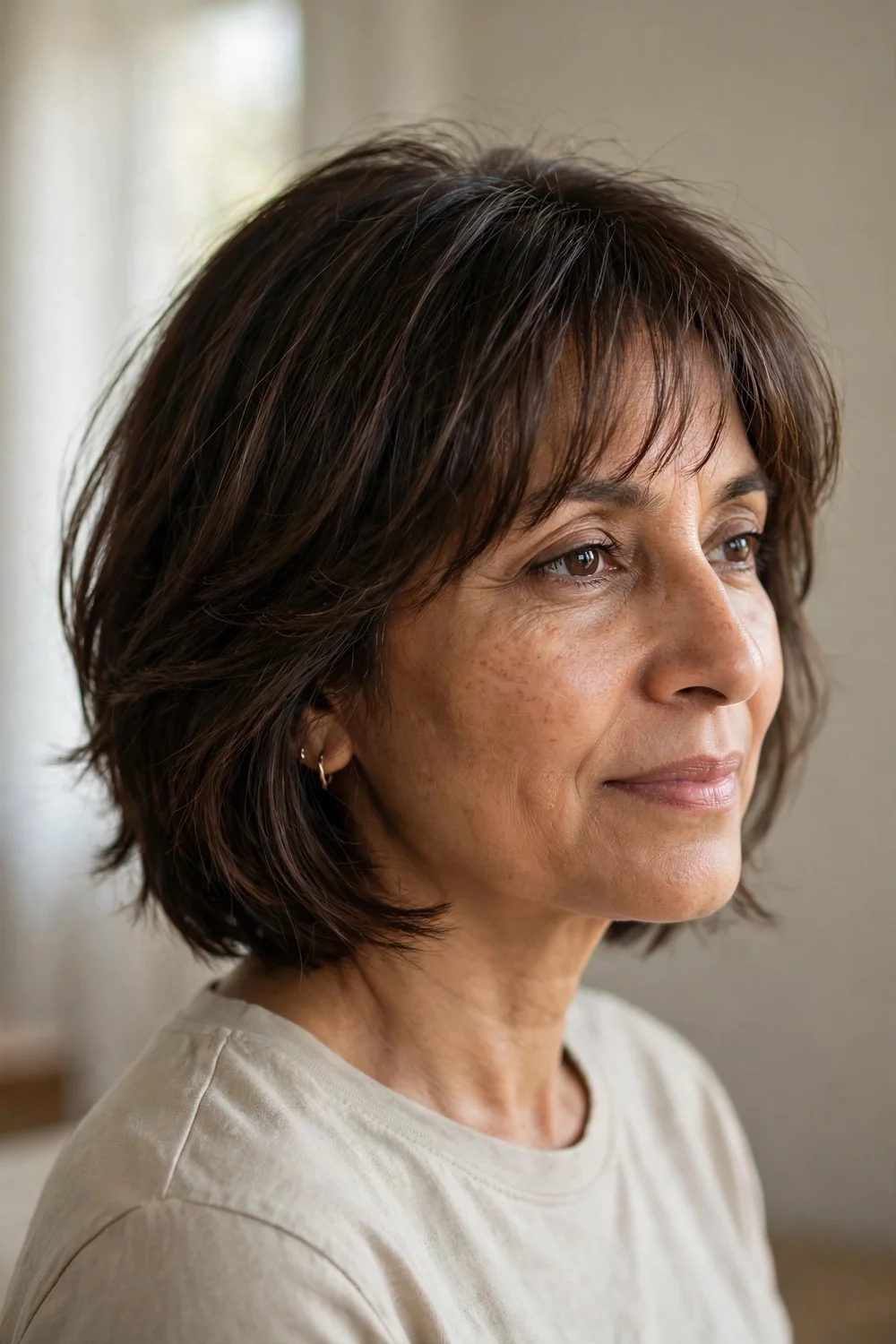 Layered chin length bob with wispy bangs