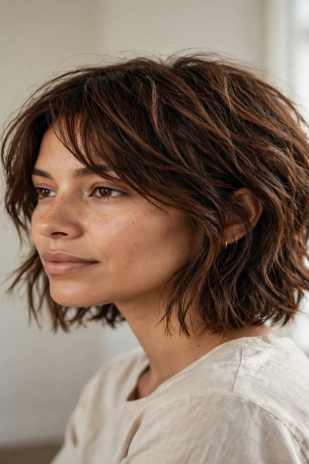 Textured chin length bob with side swept bangs