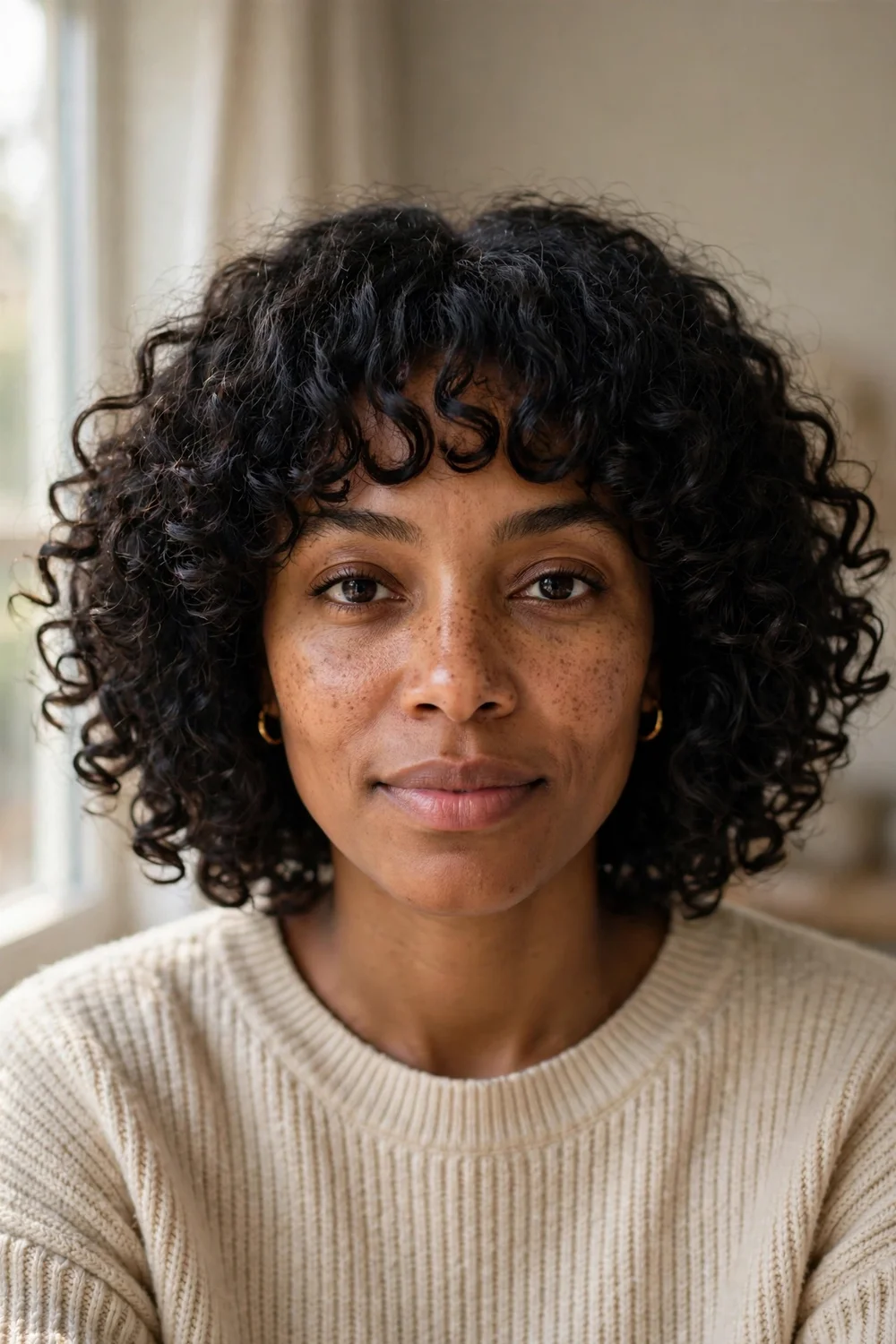 Curly chin length bob with layered curly bangs
