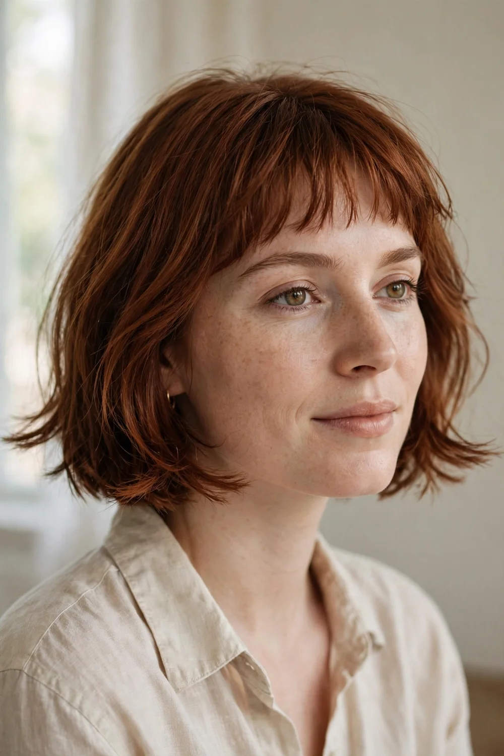 Chin length French bob with short textured bangs