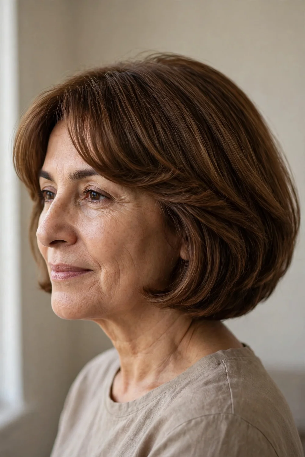 Rounded chin length bob with light layers and swooping bangs