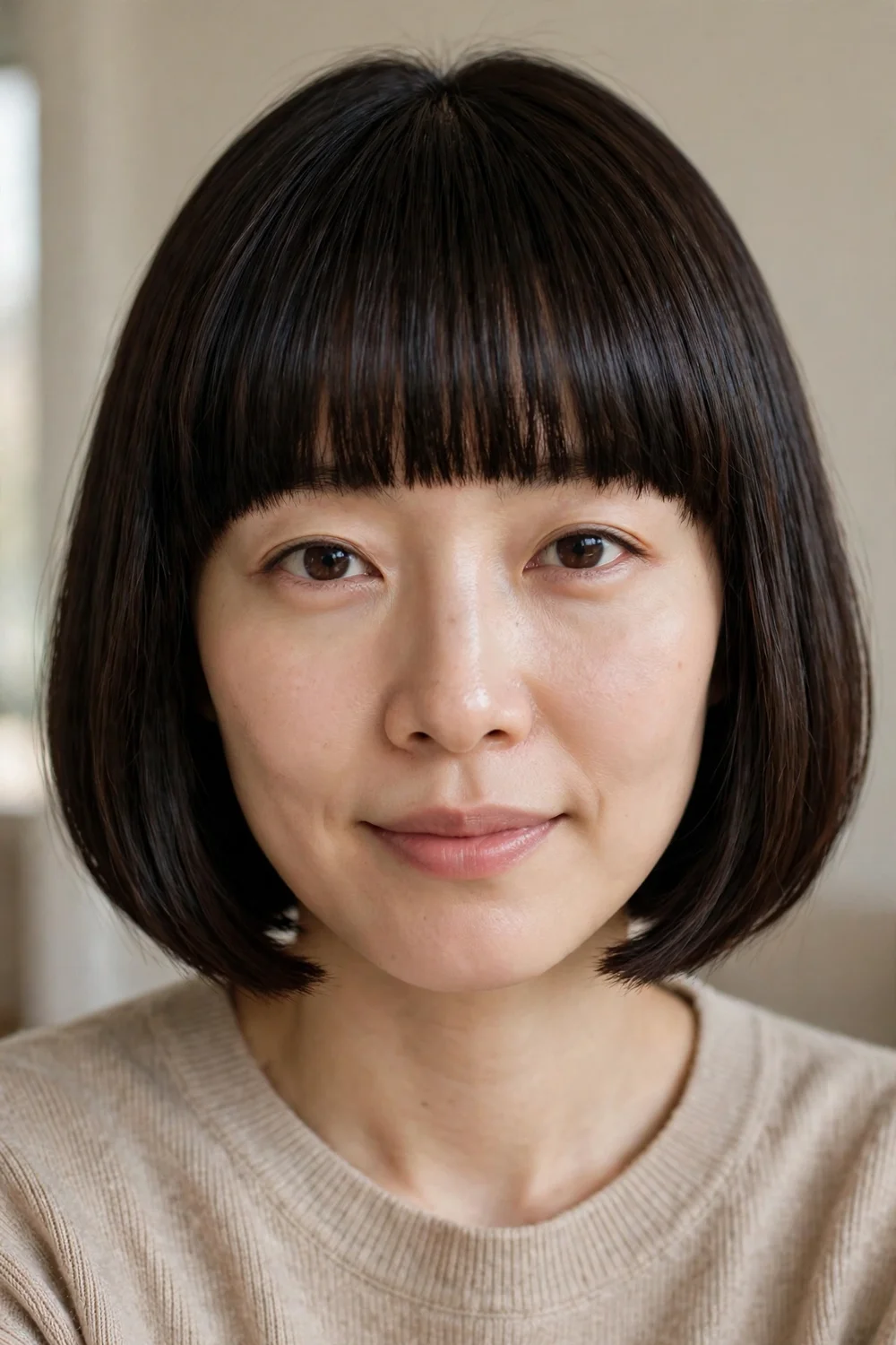 Chin length bob with full heavy fringe