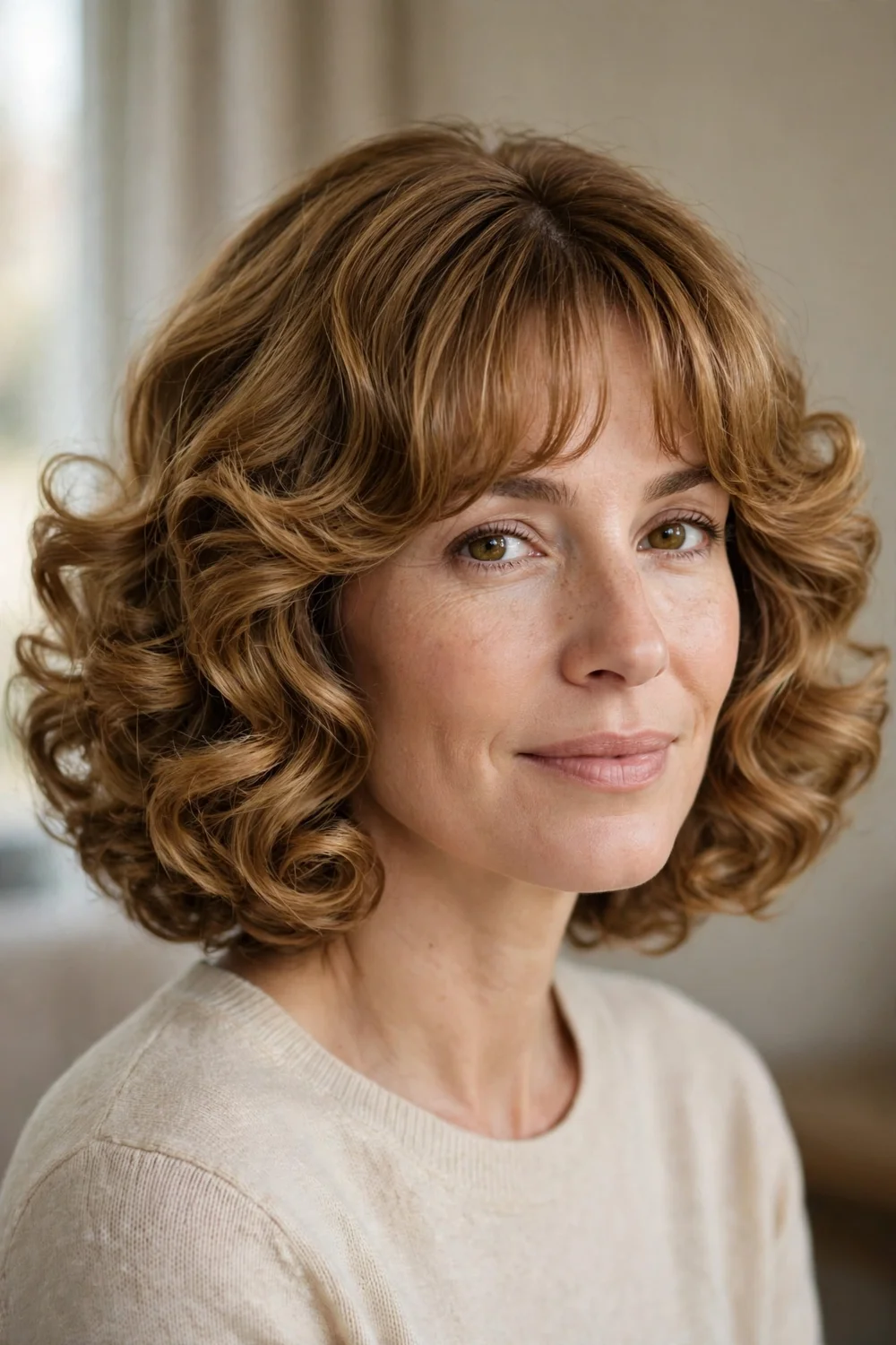 Big curled chin length bob with soft bangs