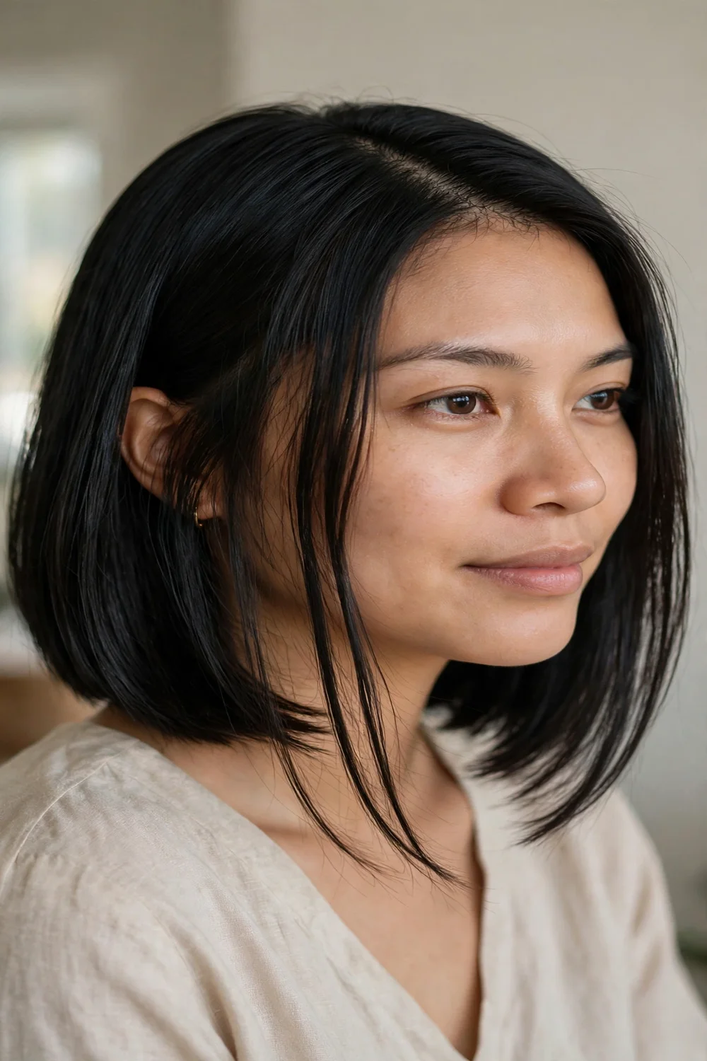 Side part chin bob with longer face framing front