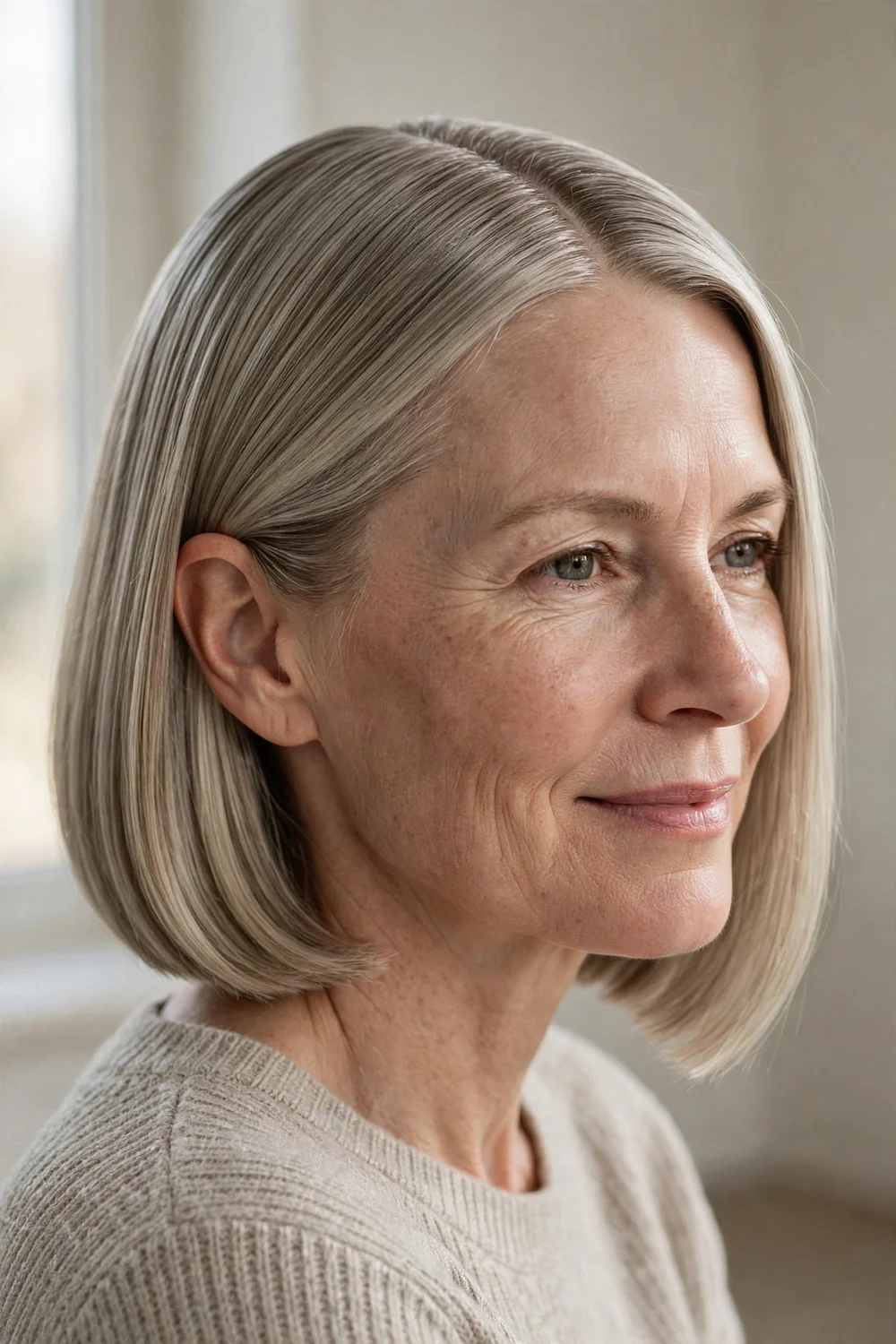 Center part glassy chin bob with one side tucked behind the ear