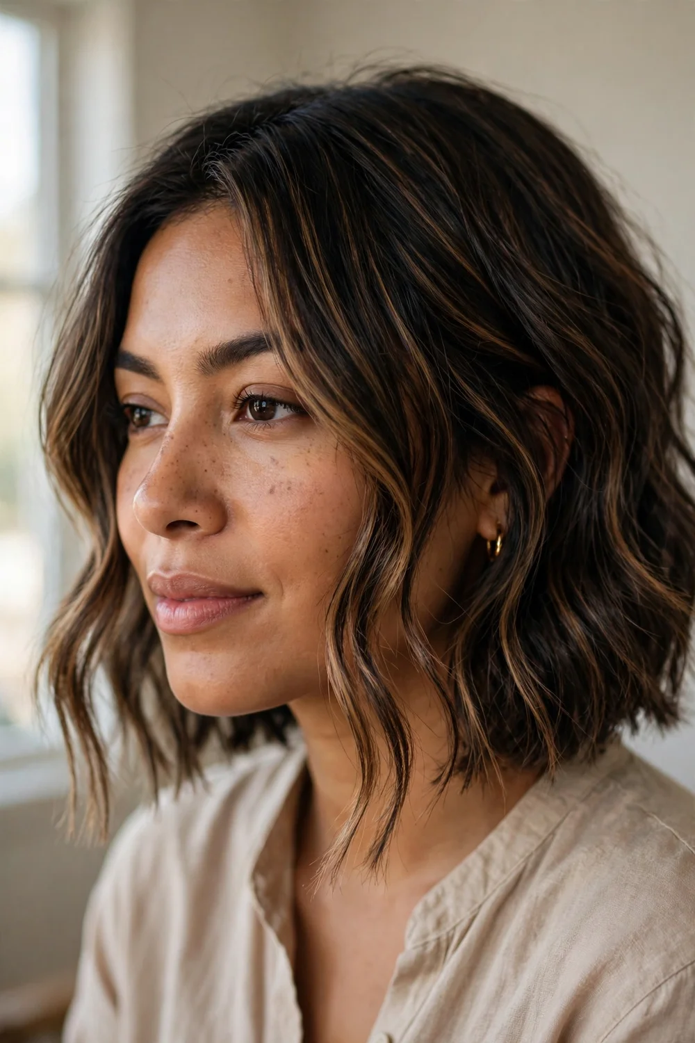 Textured chin bob with long face framing pieces