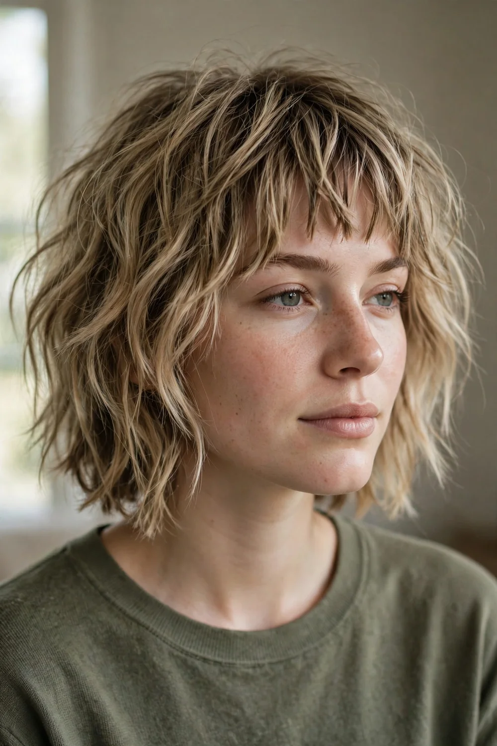 Messy textured chin bob with razored bangs