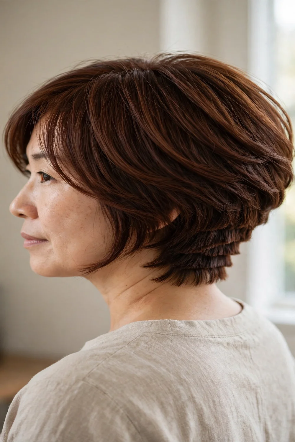 Stacked chin bob with side swept bangs