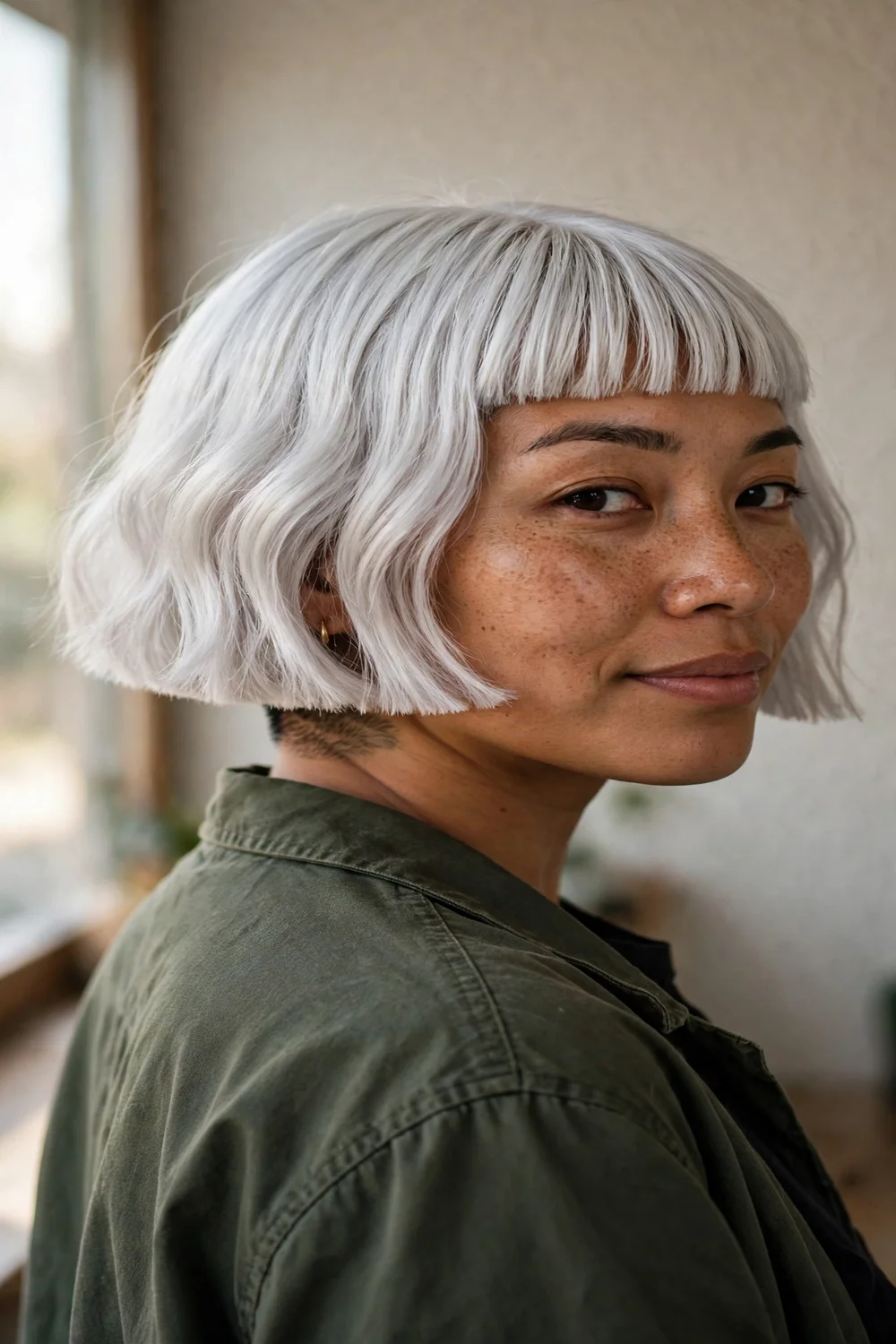 New wave chin bob with undercut and straight bangs