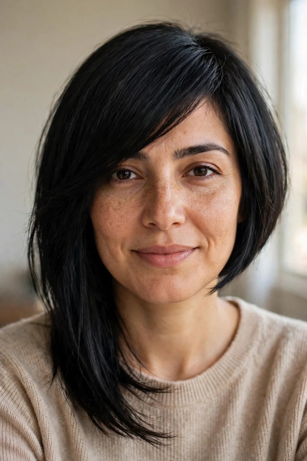 Asymmetric chin bob with side swept bangs