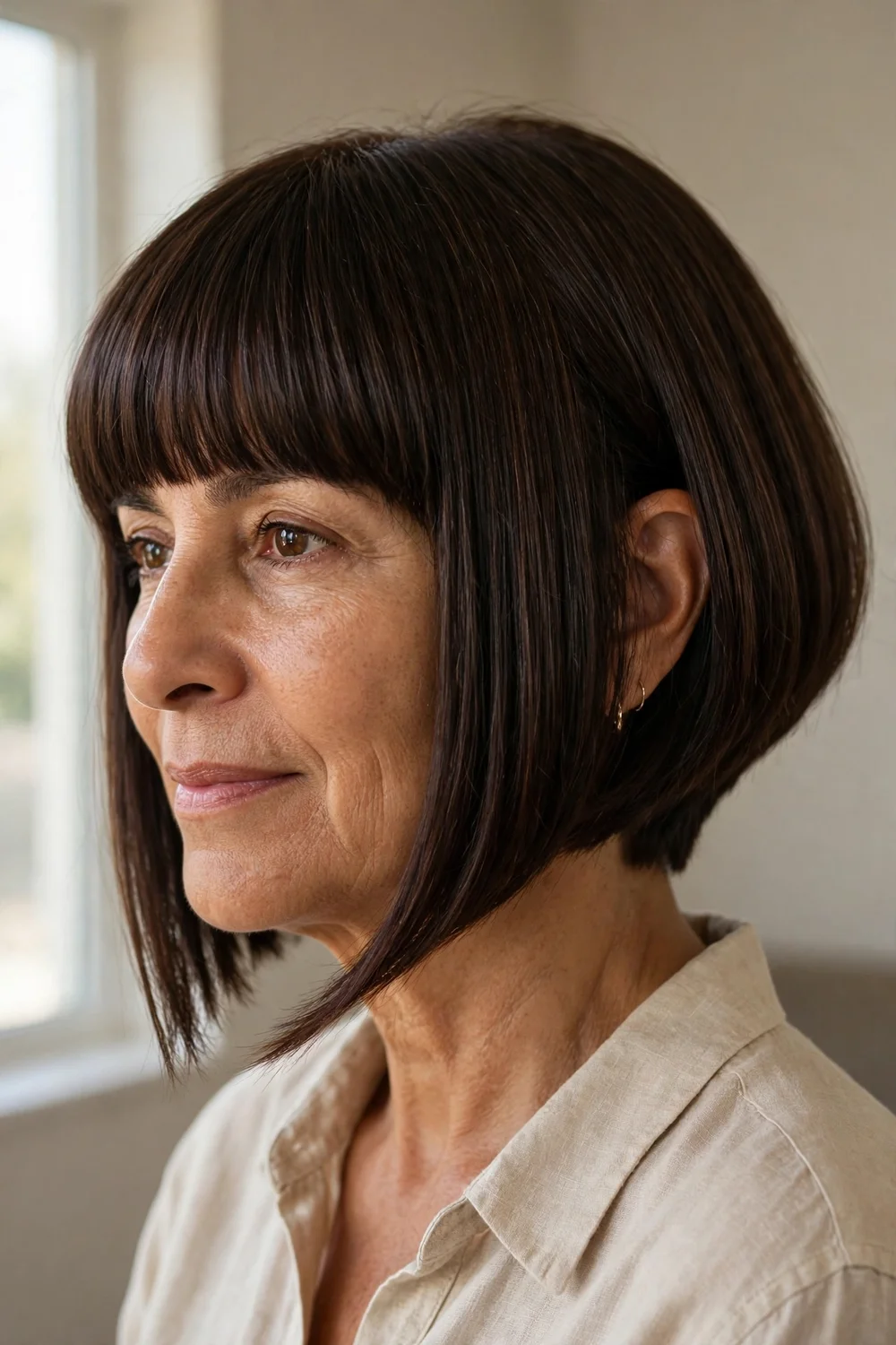 A line chin bob with full blunt bangs