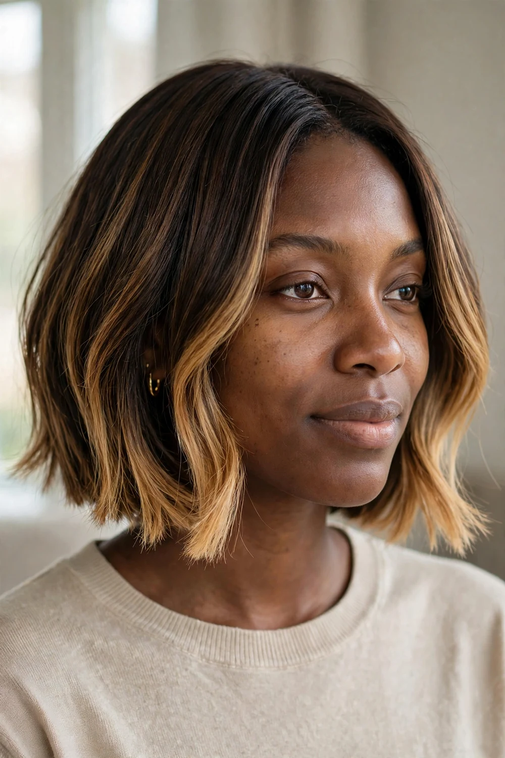 Black woman with brown ombre chin-length bob, dark roots to honey tips