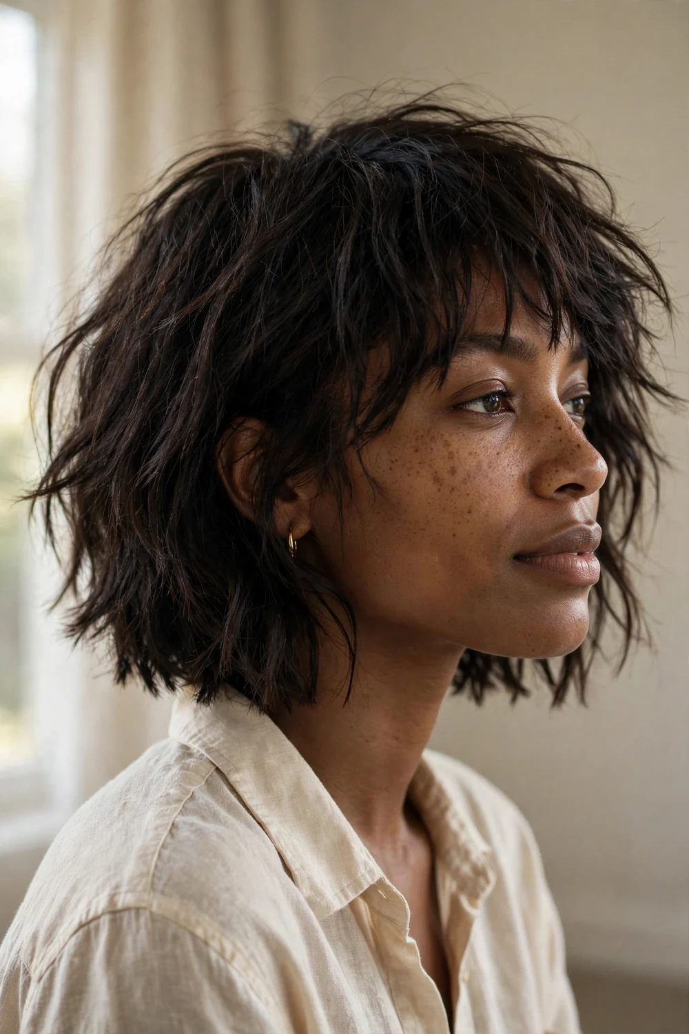 Black woman with tousled choppy chin-length bob, textured ends
