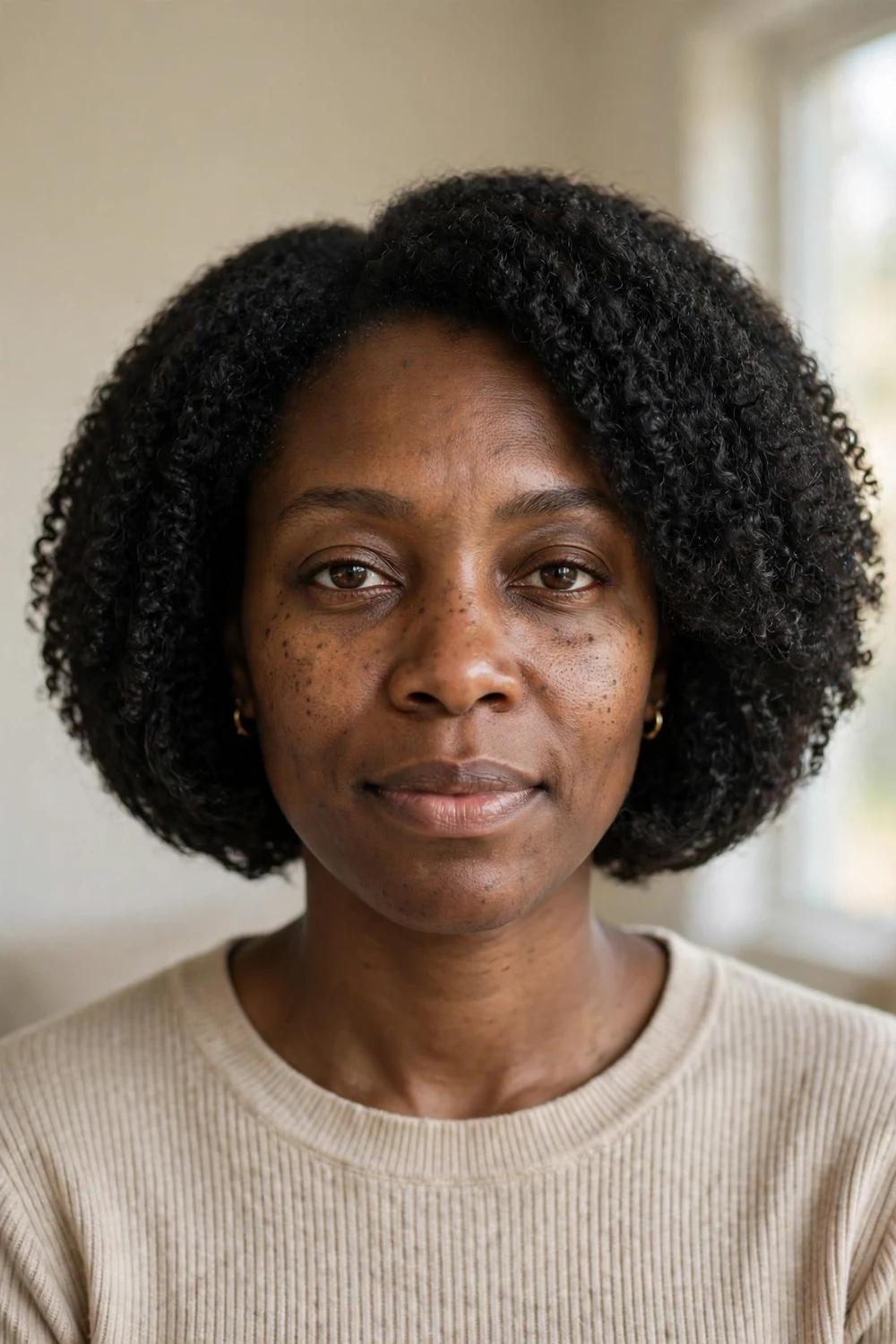 Black woman with coily afro chin-length bob, rounded natural texture