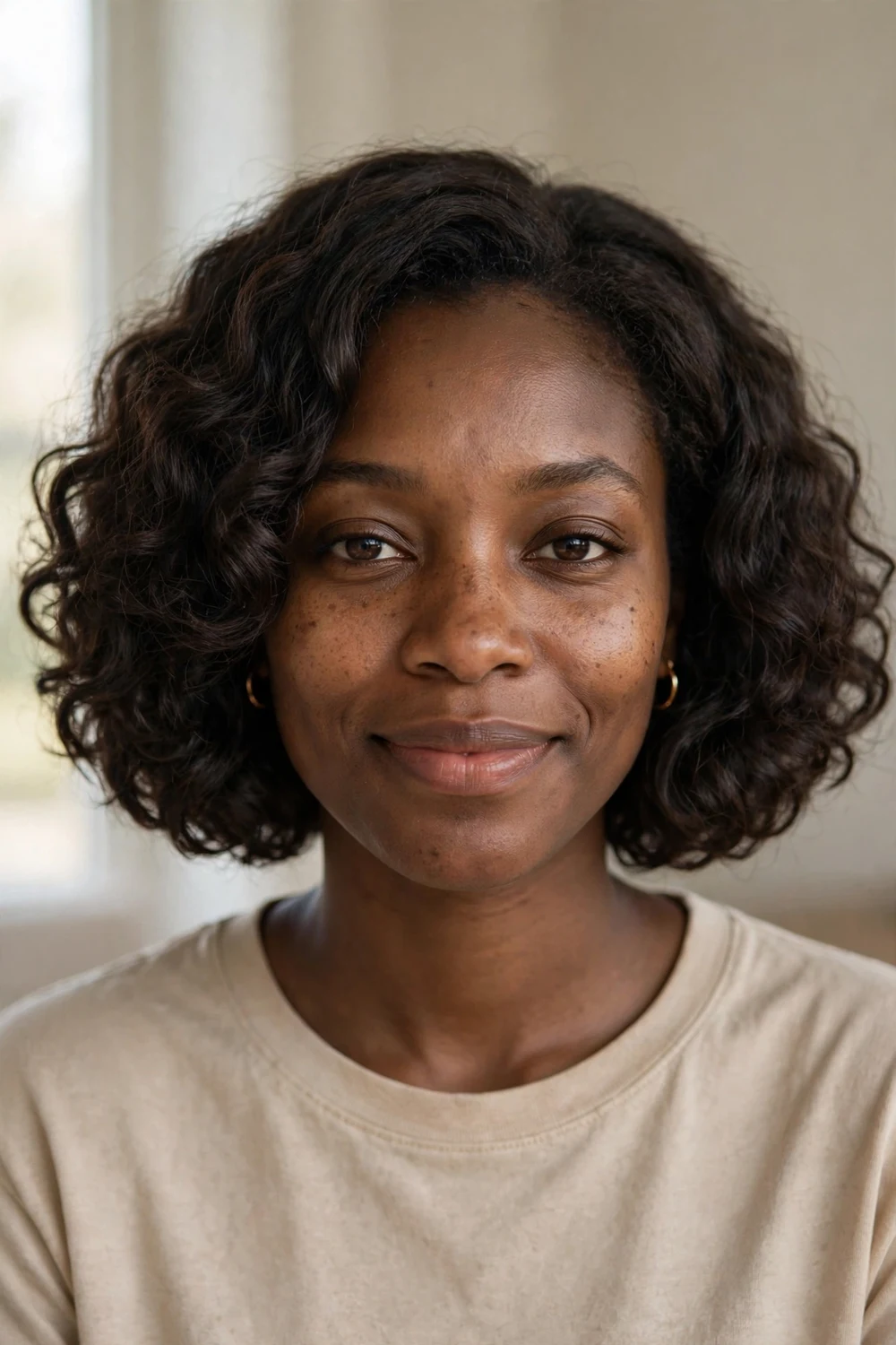 Black woman with chin-length curly bob, defined bouncy curls