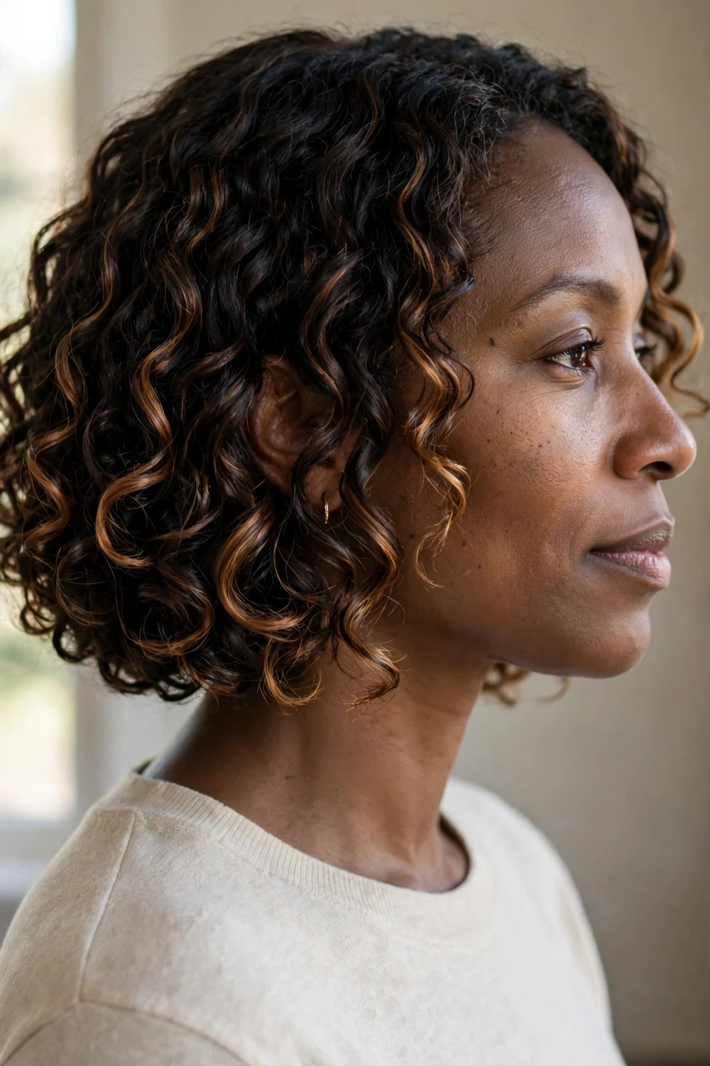 Black woman with curly chin-length bob and caramel highlights