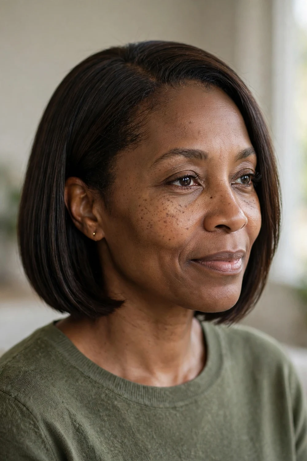 Black woman with ear-tucked blunt chin-length bob