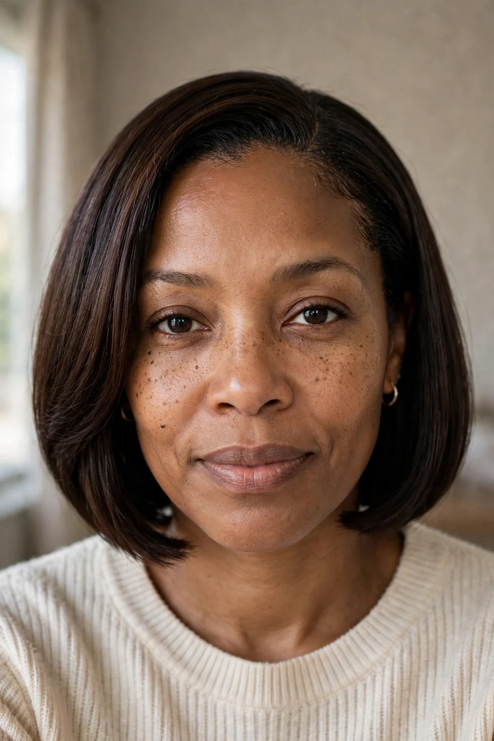 Black woman with sleek espresso brown chin-length bob