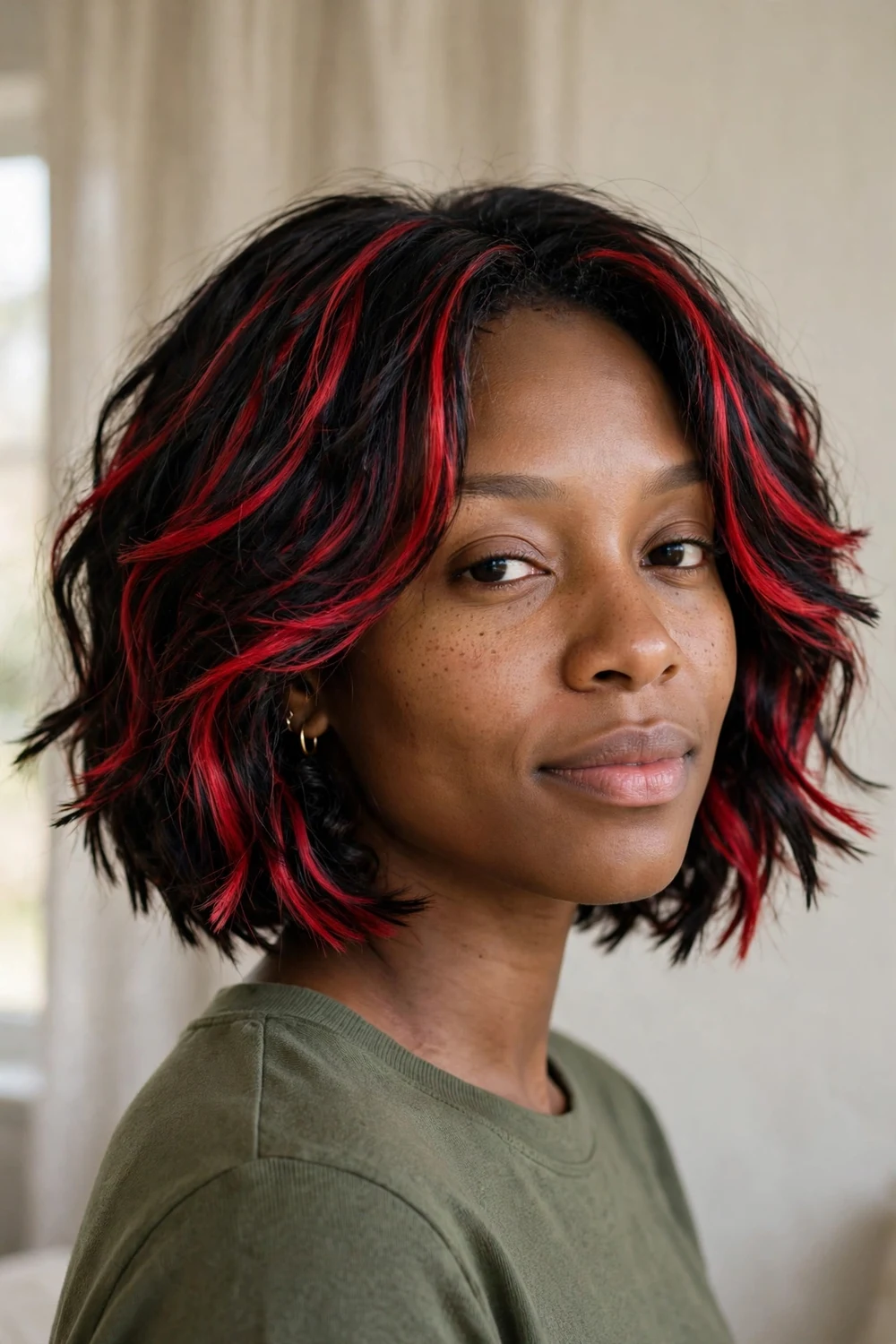 Black woman with feathered chin-length bob, red highlights on black hair