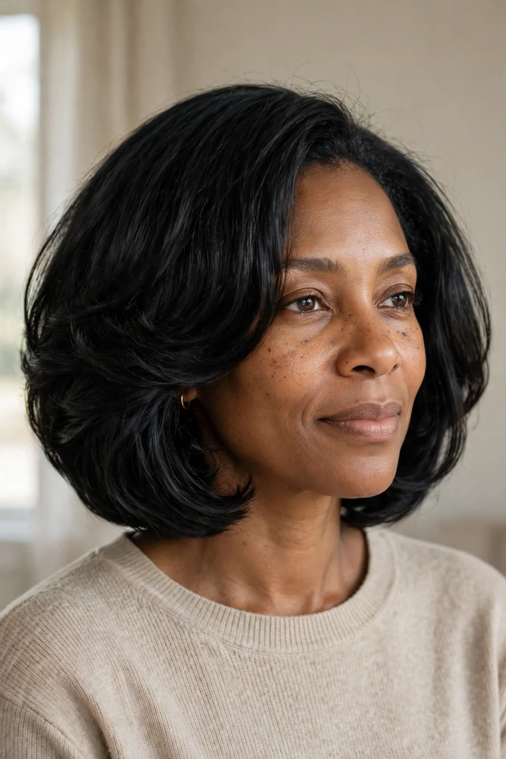 Black woman with graduated chin-length bob for thick hair