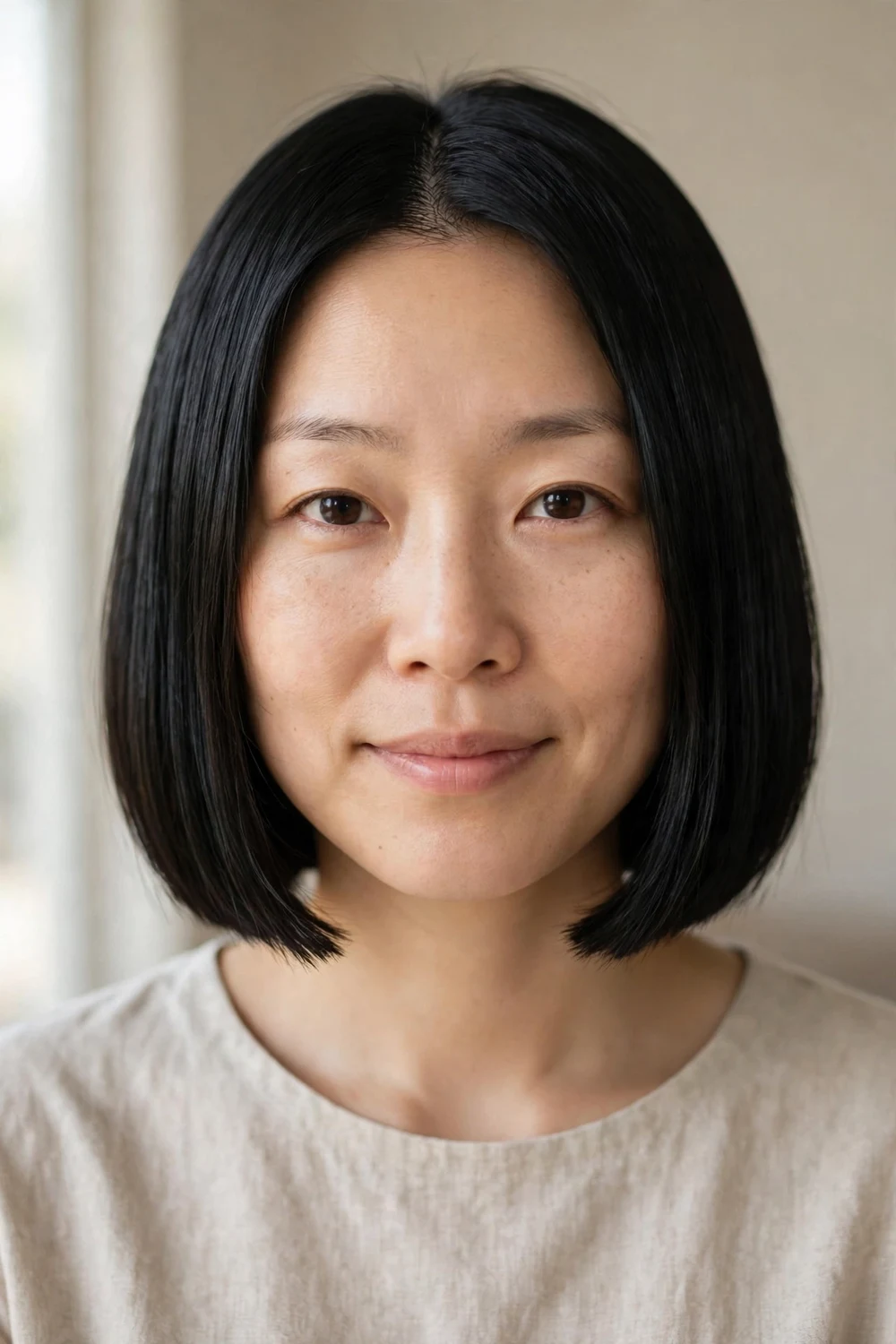 Woman with a classic blunt chin-length bob in black hair, front view