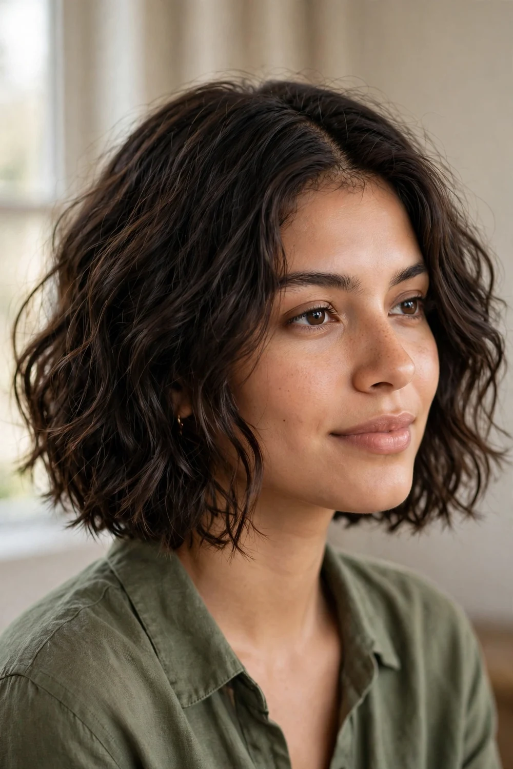 Woman with a textured wavy chin-length bob in dark brown hair, three-quarter view