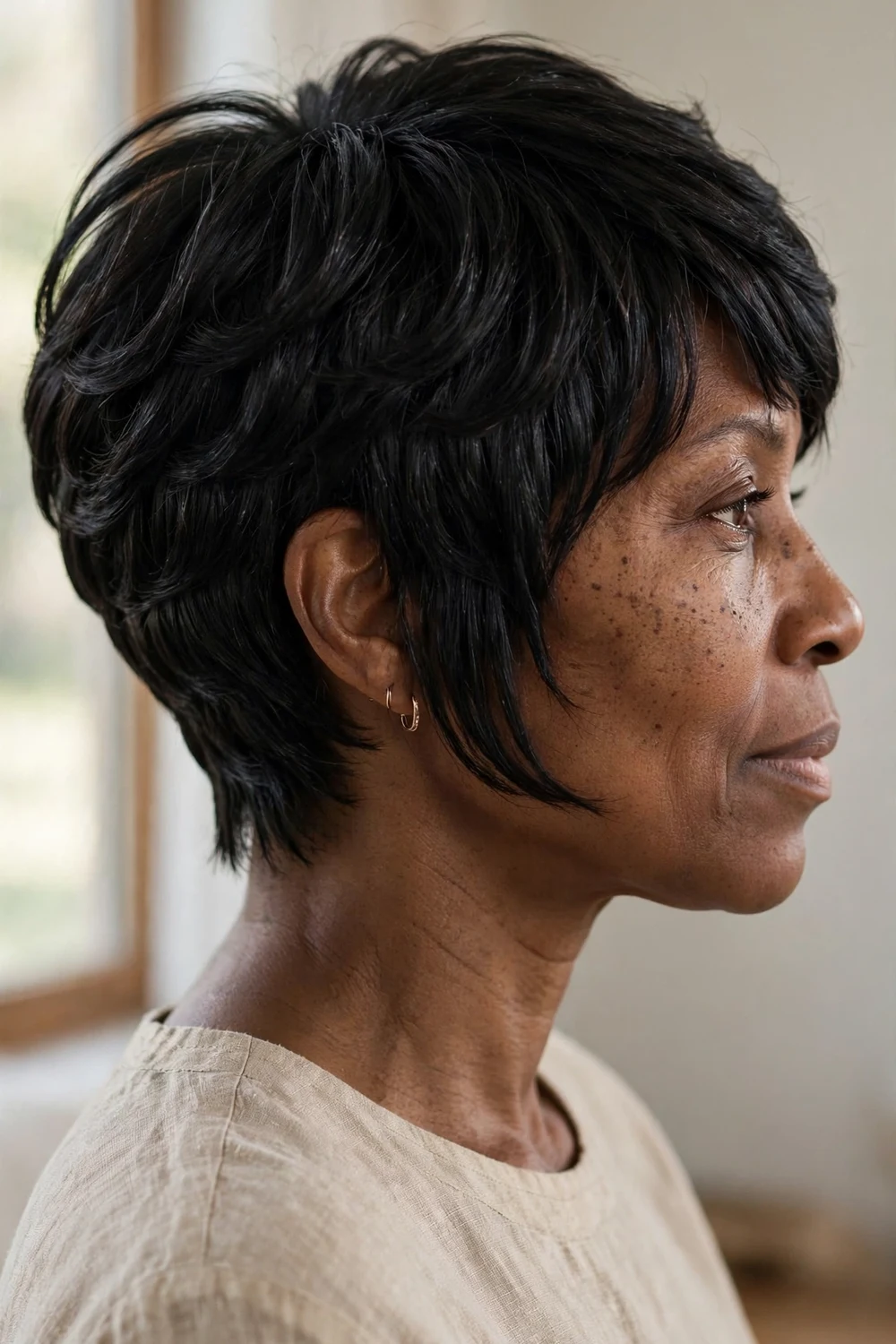 Woman with a modern pixie-bob haircut, tapered back and chin-length front, side view