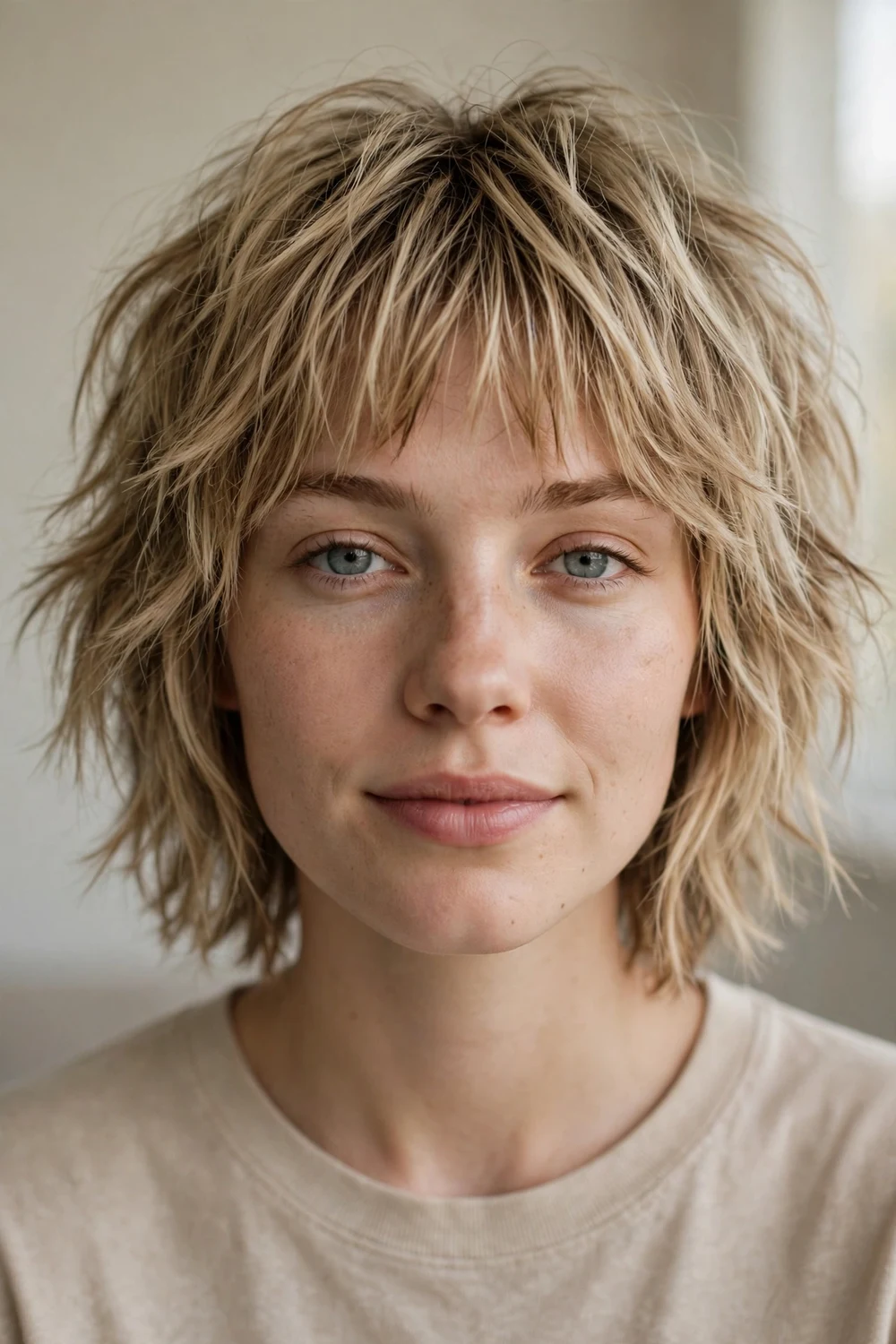 Woman with a choppy chin-length shag haircut and piecey bangs, front view